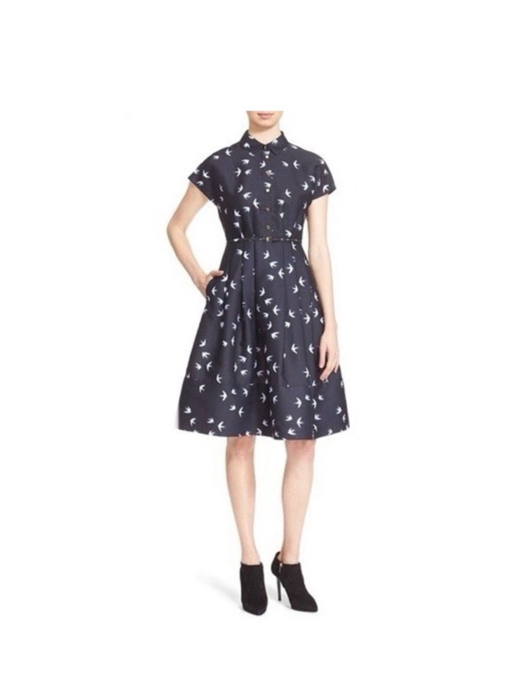 kate spade Navy Short-Sleeve Midi Dress with White Swallow Print